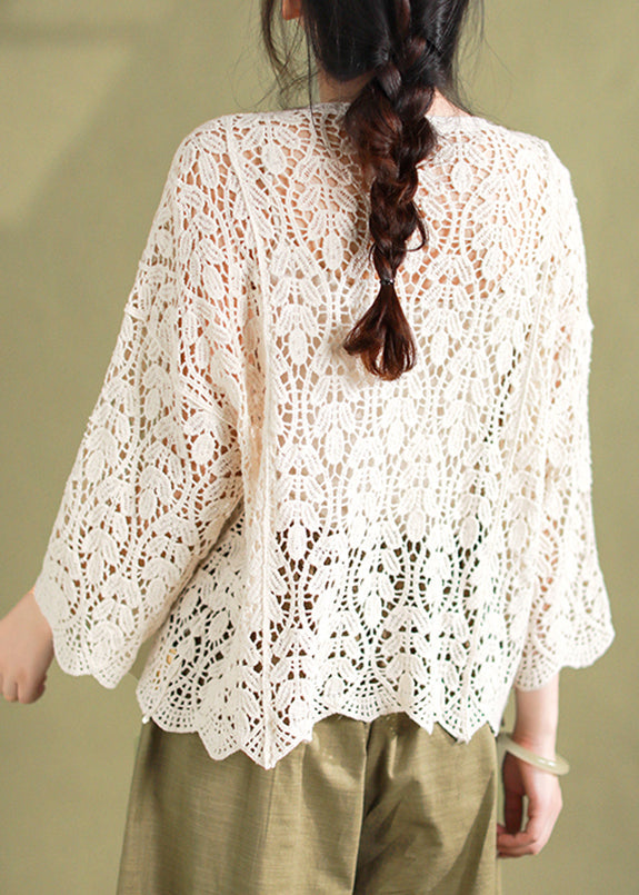 Loose White V Neck Hollow Out Knit Cardigan Summer