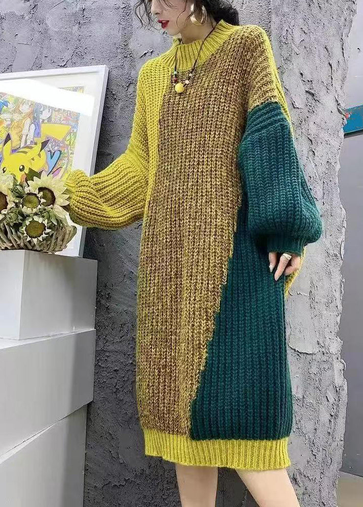 Loose Yellow O Neck Cozy Patchwork Knit Sweater Dress Winter