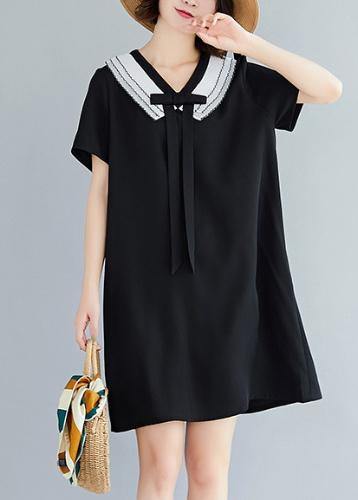 Loose navy blue Cotton quilting dresses v neck Plus Size summer Dress