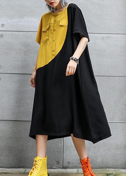 Loose black cotton quilting clothes o neck patchwork robes summer Dresses