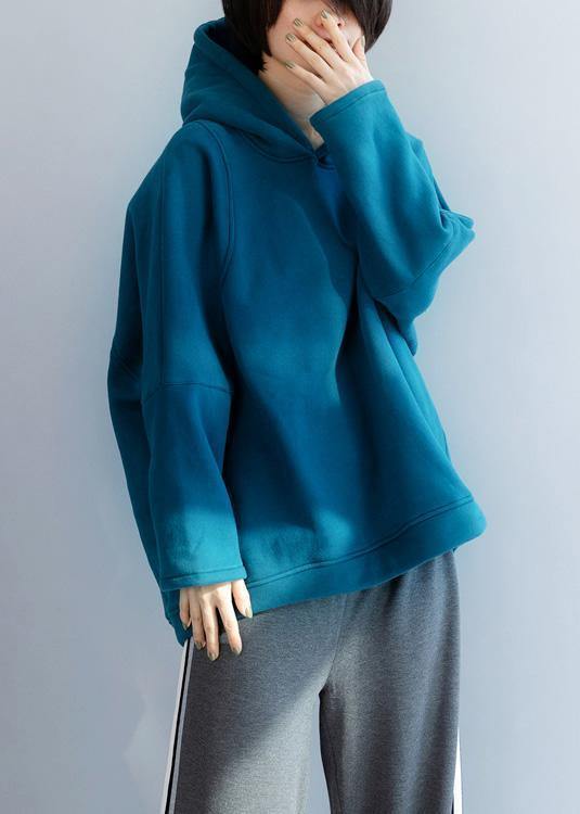 Loose blue cotton tunic top baggy hooded tops