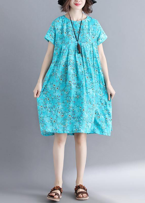 Loose blue floral dresses o neck Cinched loose summer Dresses