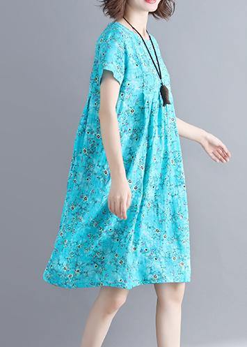 Loose blue floral dresses o neck Cinched loose summer Dresses