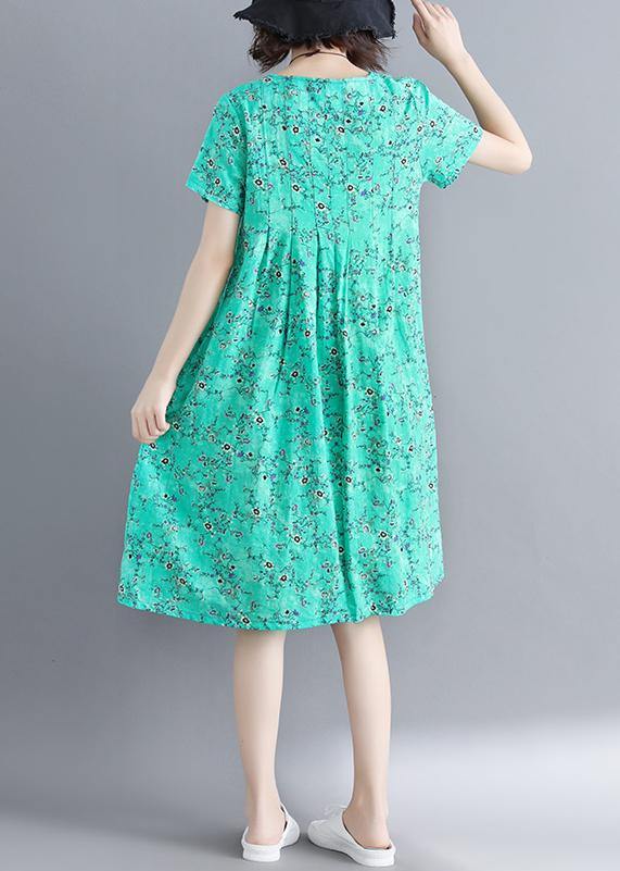 Loose blue floral dresses o neck Cinched loose summer Dresses