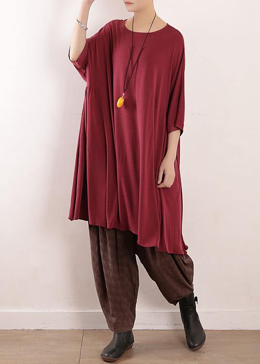 Loose burgundy Silk quilting dresses o neck Art summer Dress