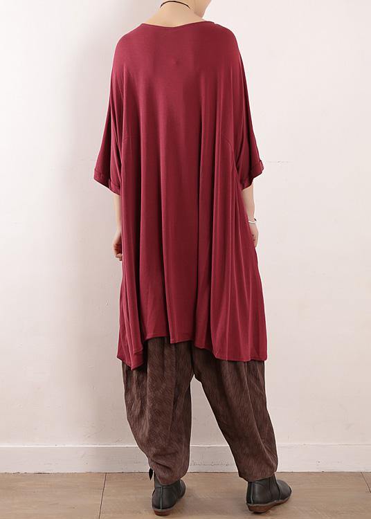 Loose burgundy Silk quilting dresses o neck Art summer Dress