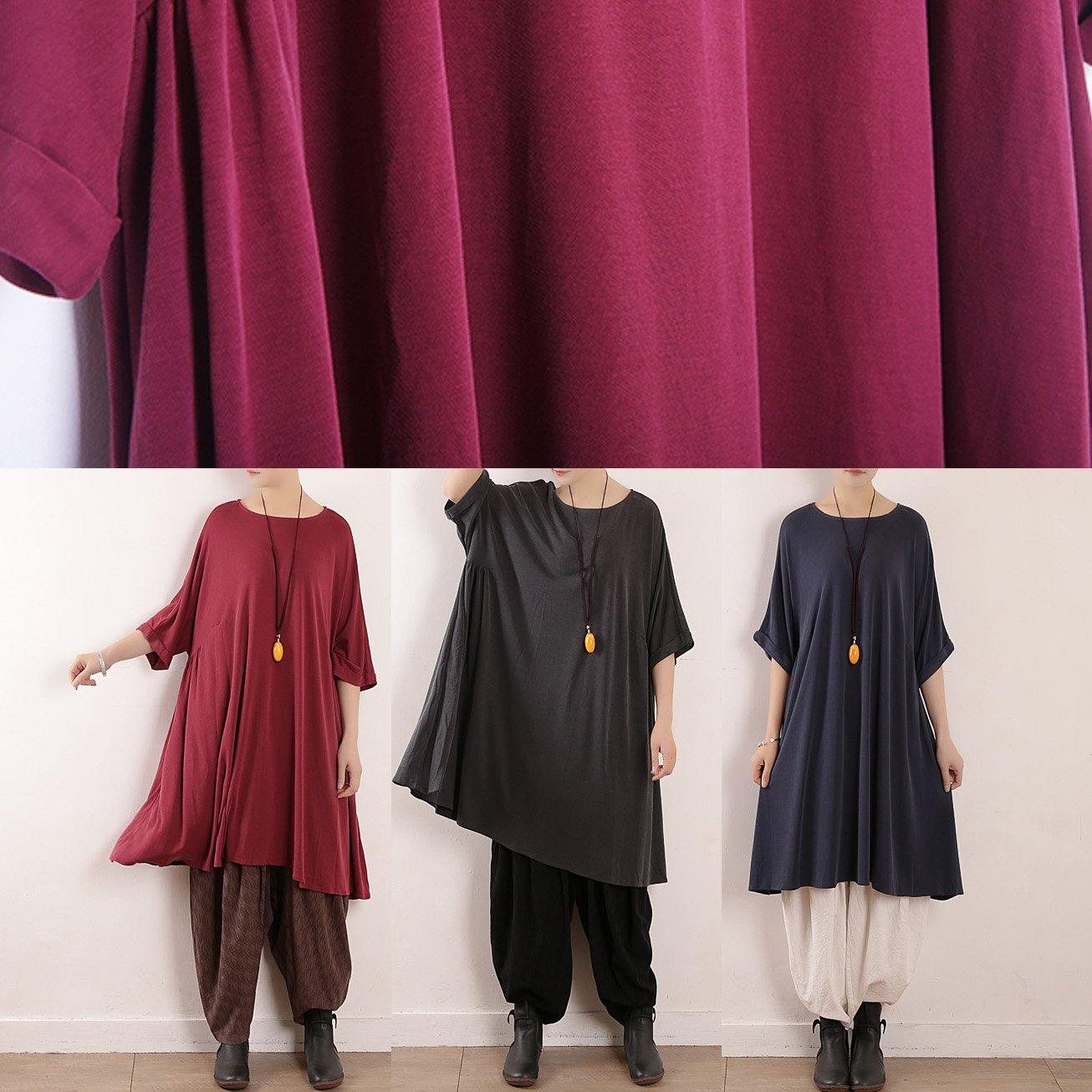 Loose burgundy Silk quilting dresses o neck Art summer Dress