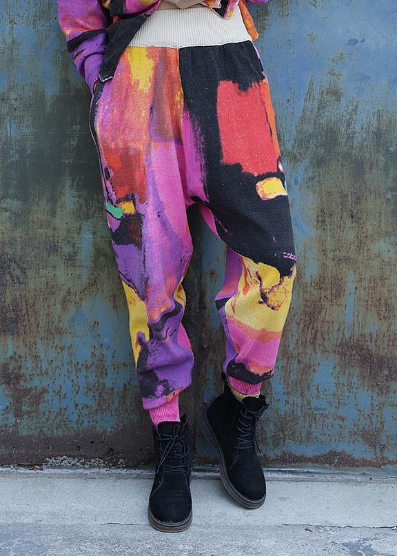 Loose elastic waist pants plus size purple red prints Work knit pant