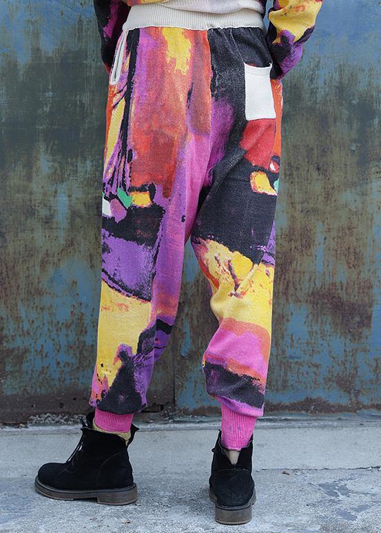 Loose elastic waist pants plus size purple red prints Work knit pant