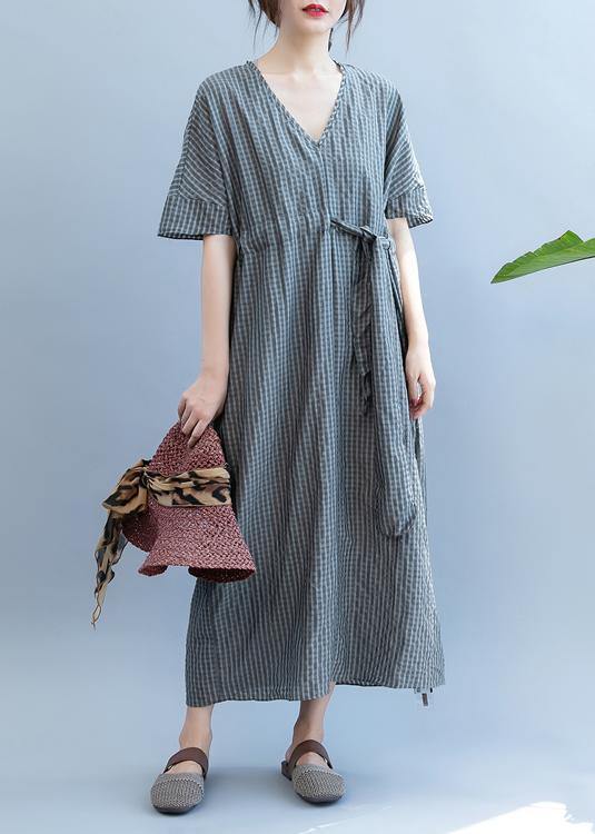 Loose gray plaid clothes Women v neck drawstring Art summer Dress