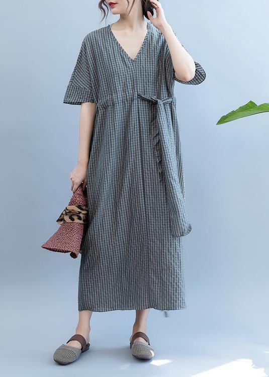 Loose gray plaid clothes Women v neck drawstring Art summer Dress