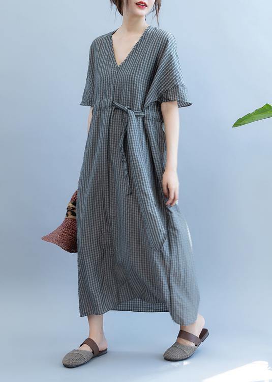 Loose gray plaid clothes Women v neck drawstring Art summer Dress