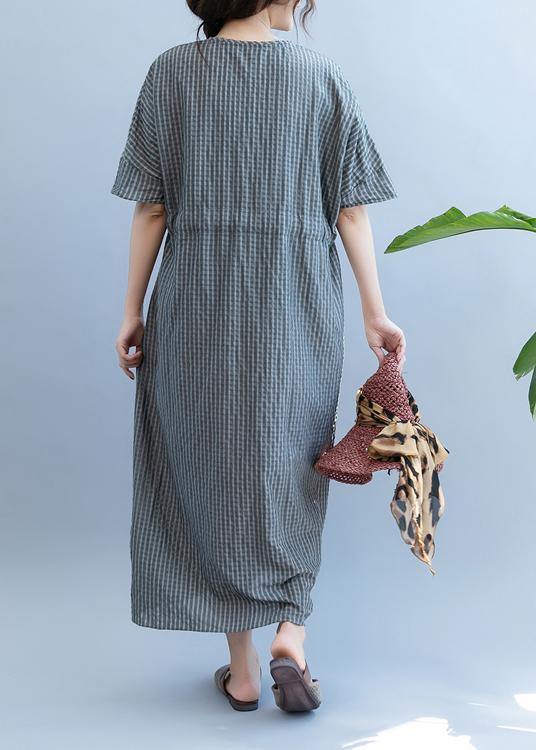 Loose gray plaid clothes Women v neck drawstring Art summer Dress