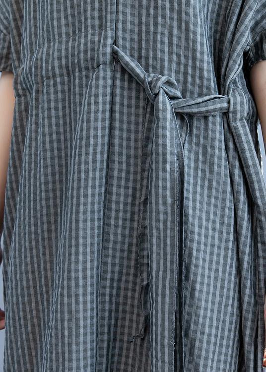 Loose gray plaid clothes Women v neck drawstring Art summer Dress