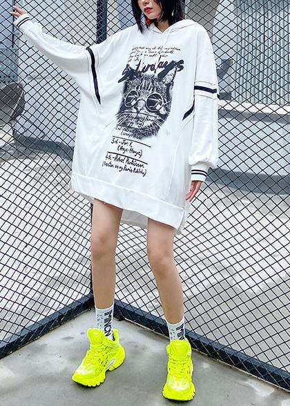 Loose hooded fall outfit Work Outfits white print Dress