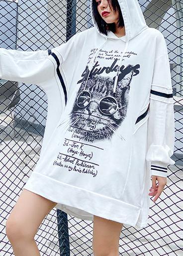 Loose hooded fall outfit Work Outfits white print Dress