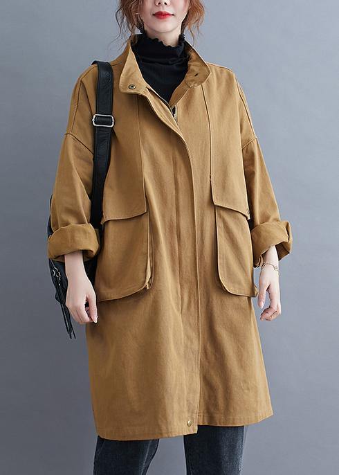 Loose khaki  coat for woman Outfits stand collar Large pockets coat