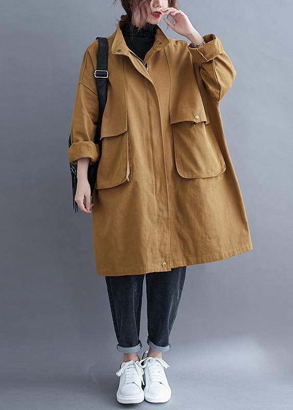 Loose khaki  coat for woman Outfits stand collar Large pockets coat