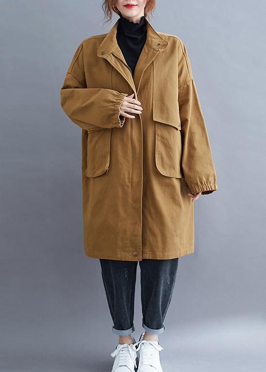 Loose khaki  coat for woman Outfits stand collar Large pockets coat