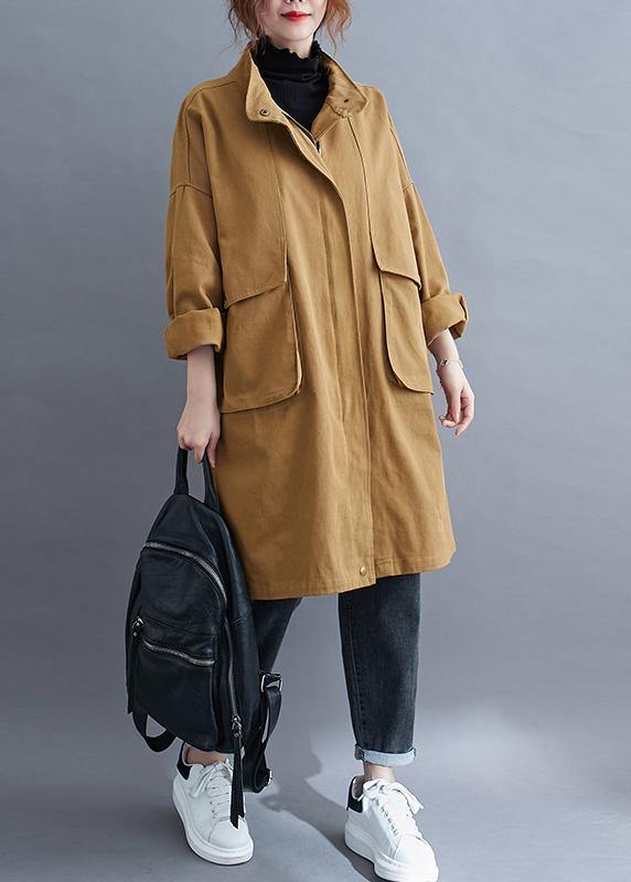 Loose khaki  coat for woman Outfits stand collar Large pockets coat