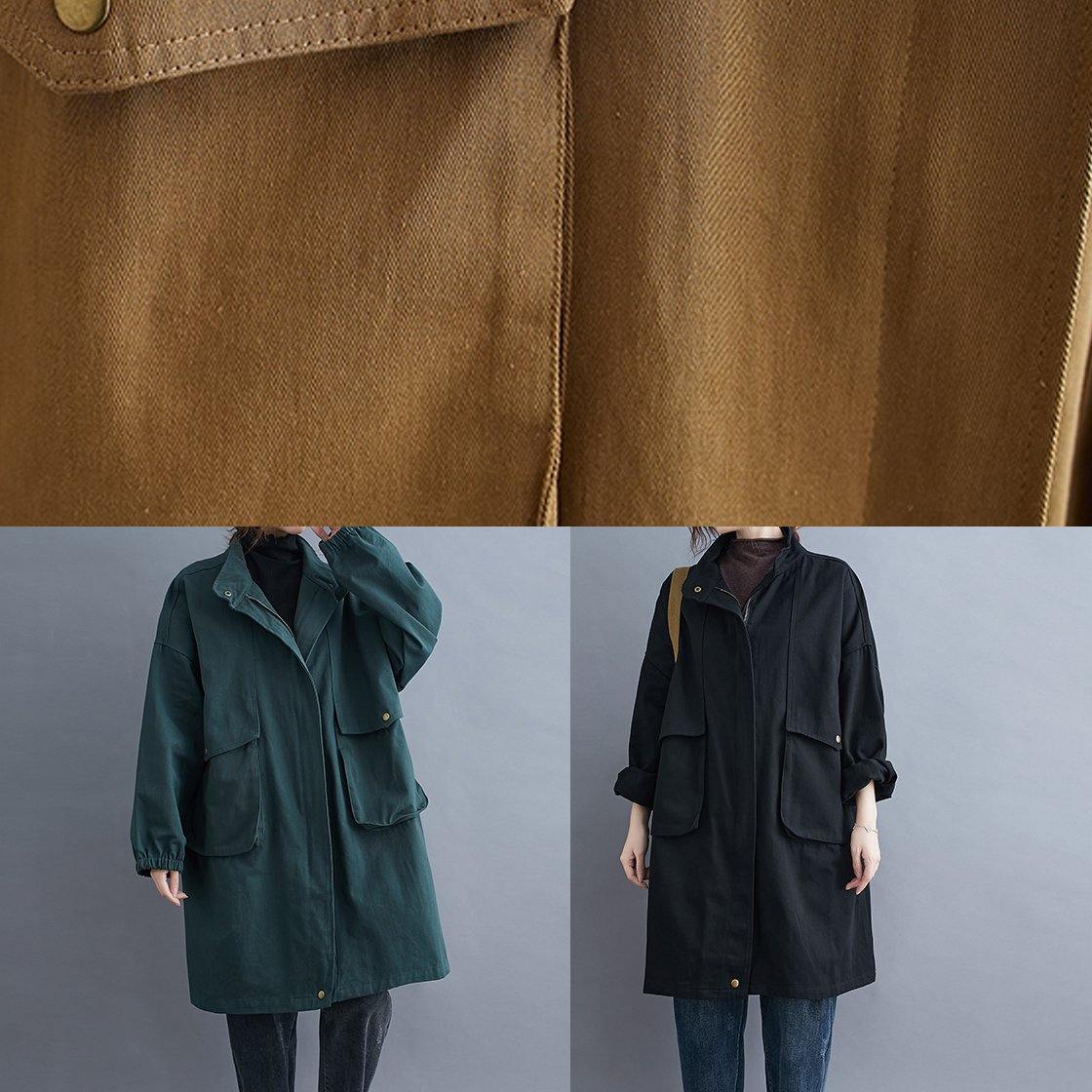 Loose khaki  coat for woman Outfits stand collar Large pockets coat