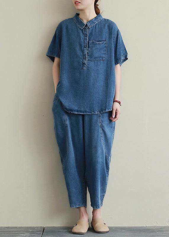 Loose large size thin section blue denim casual suit female lapel short sleeve shirt harem pants two-piece suit