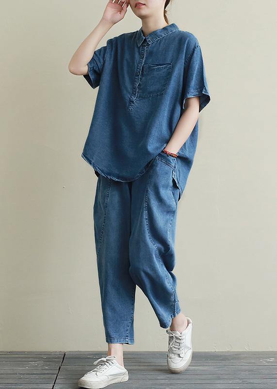 Loose large size thin section blue denim casual suit female lapel short sleeve shirt harem pants two-piece suit