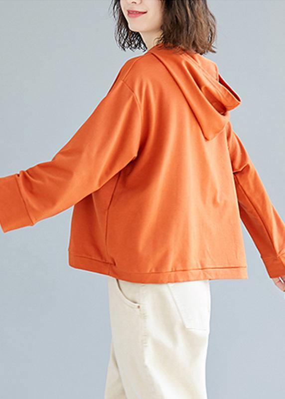 Loose orange cotton blouses for women hooded loose fall top