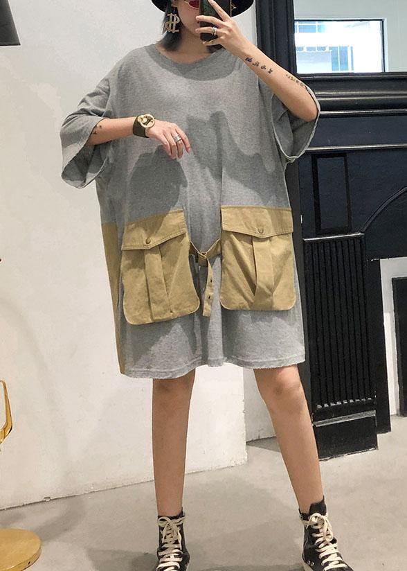 Loose patchwork big pockets Cotton clothes Women Inspiration gray Dresses summer