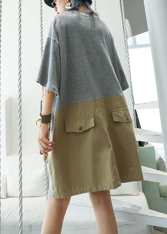 Loose patchwork big pockets Cotton clothes Women Inspiration gray Dresses summer