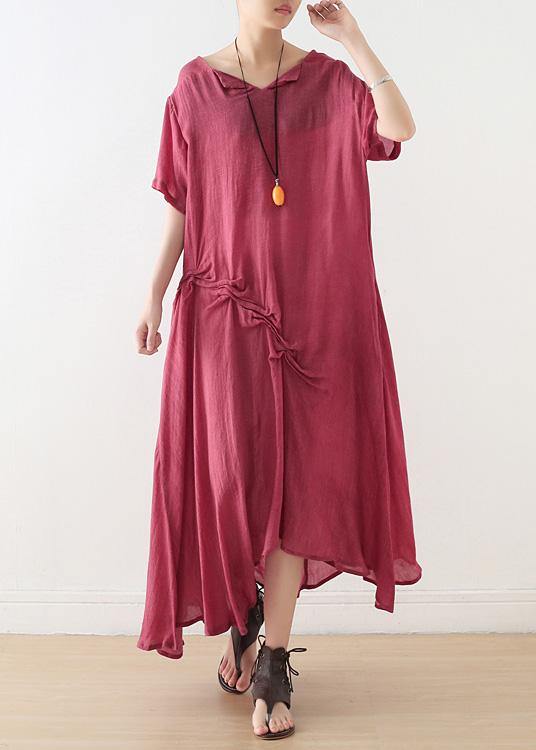 Loose red cotton tunic pattern Cinched Plus Size asymmetric Dresses