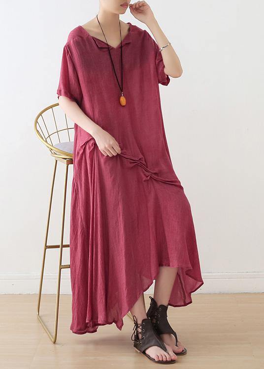 Loose red cotton tunic pattern Cinched Plus Size asymmetric Dresses