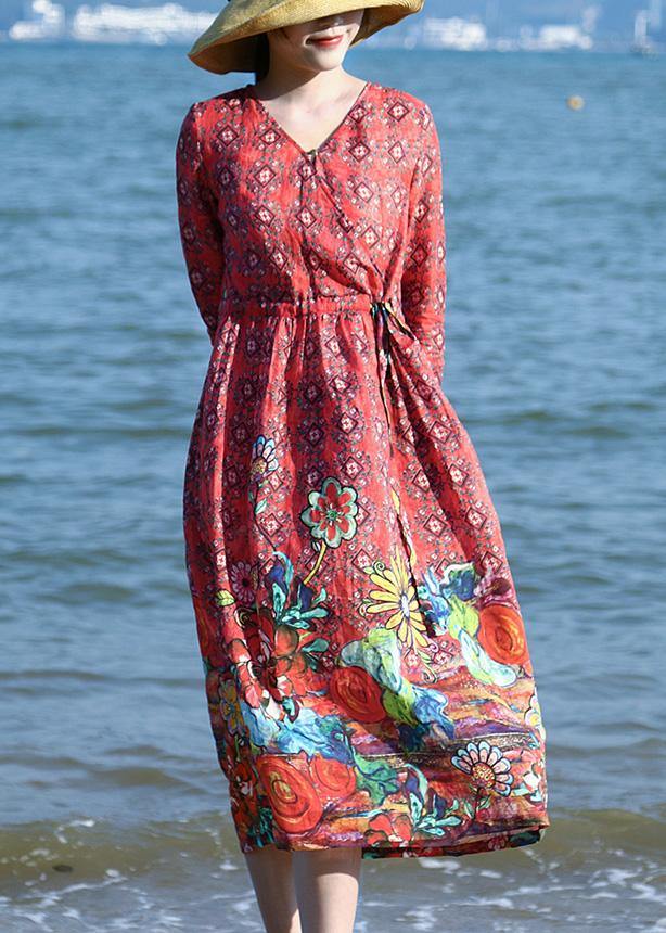 Loose red floral linen outfit drawstring long v neck Dresses