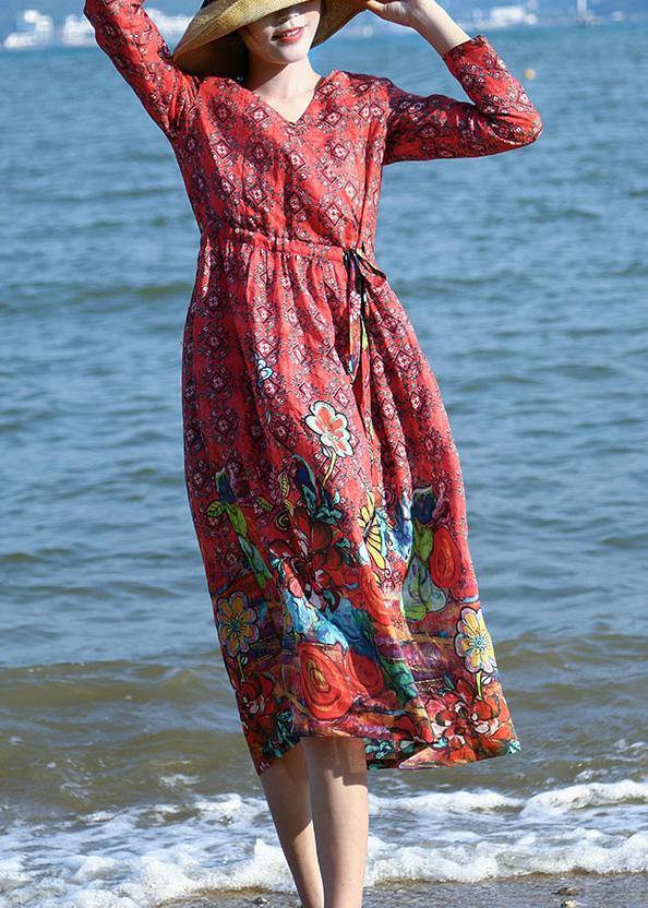 Loose red floral linen outfit drawstring long v neck Dresses