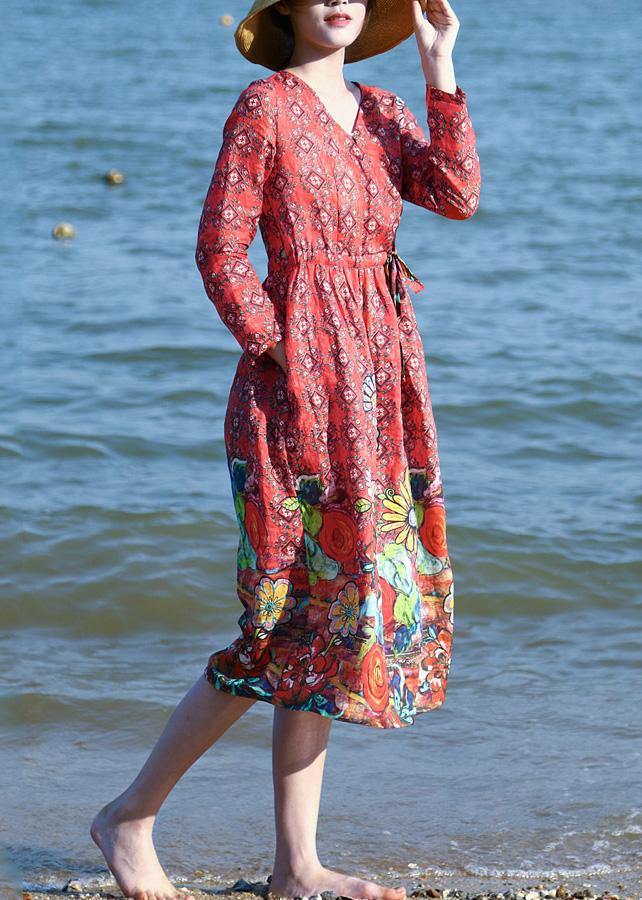 Loose red floral linen outfit drawstring long v neck Dresses