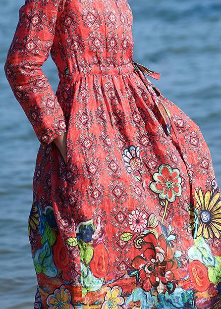 Loose red floral linen outfit drawstring long v neck Dresses