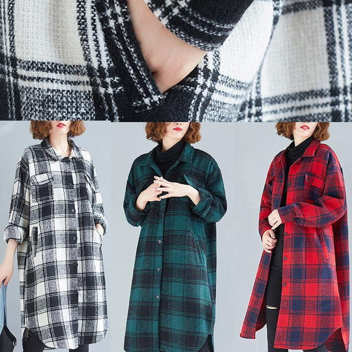 Loose red plaid cotton top silhouette lapel pockets Dresses blouses