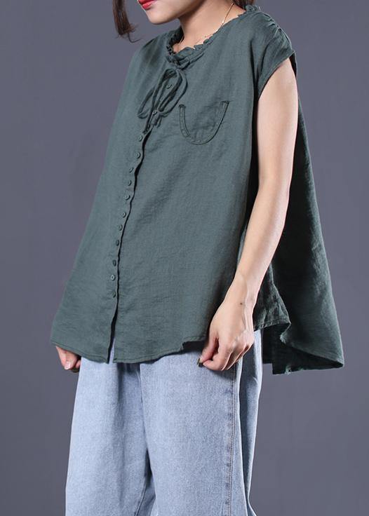 Loose ruffles collar linen tunic top Sleeve greem sleeveless top summer