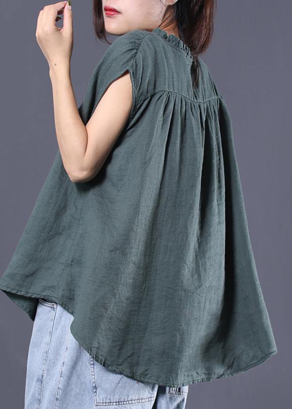 Loose ruffles collar linen tunic top Sleeve greem sleeveless top summer