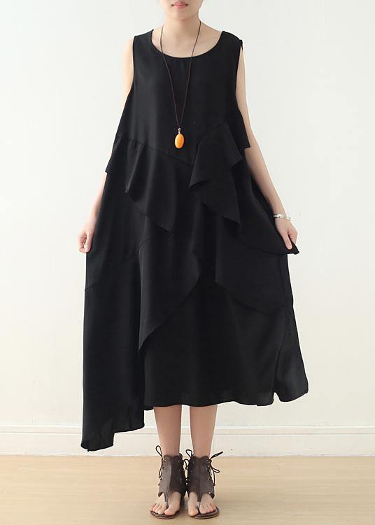 Loose sleeveless chiffon Long Shirts Catwalk black asymmetric hem Art Dress summer