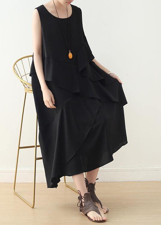 Loose sleeveless chiffon Long Shirts Catwalk black asymmetric hem Art Dress summer