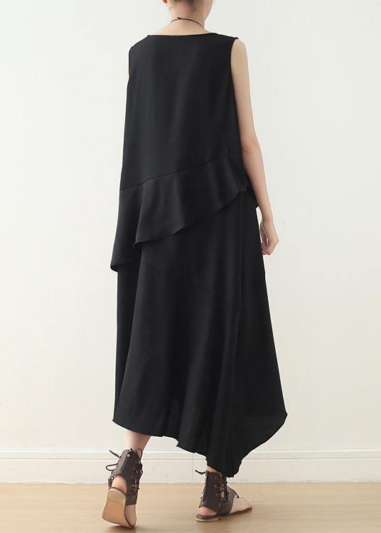 Loose sleeveless chiffon Long Shirts Catwalk black asymmetric hem Art Dress summer