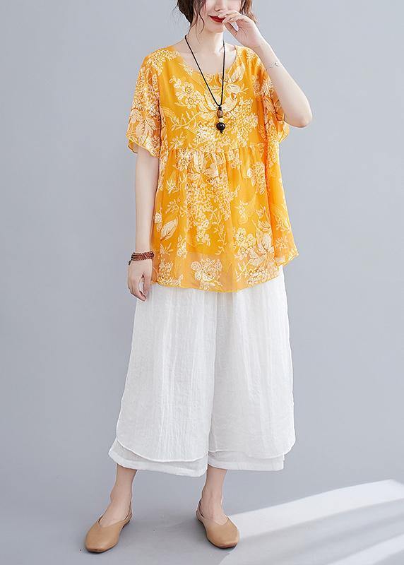 Loose yellow small floral cotton and linen top + wide leg pants casual two pieces