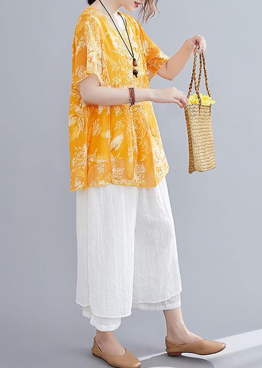 Loose yellow small floral cotton and linen top + wide leg pants casual two pieces