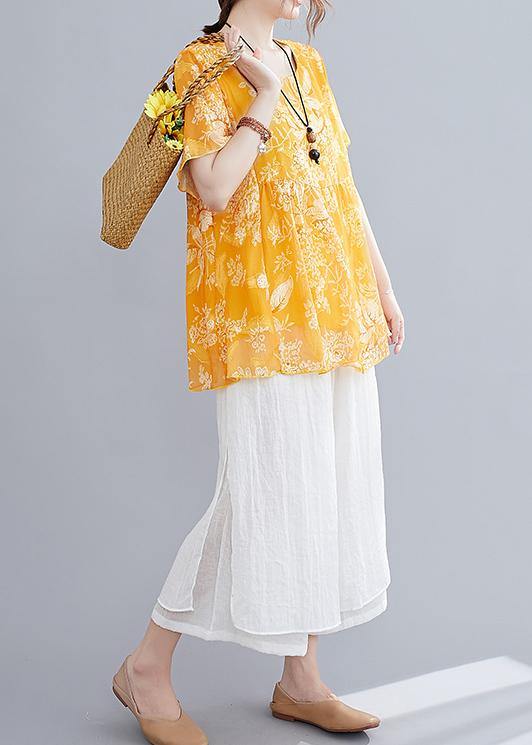 Loose yellow small floral cotton and linen top + wide leg pants casual two pieces