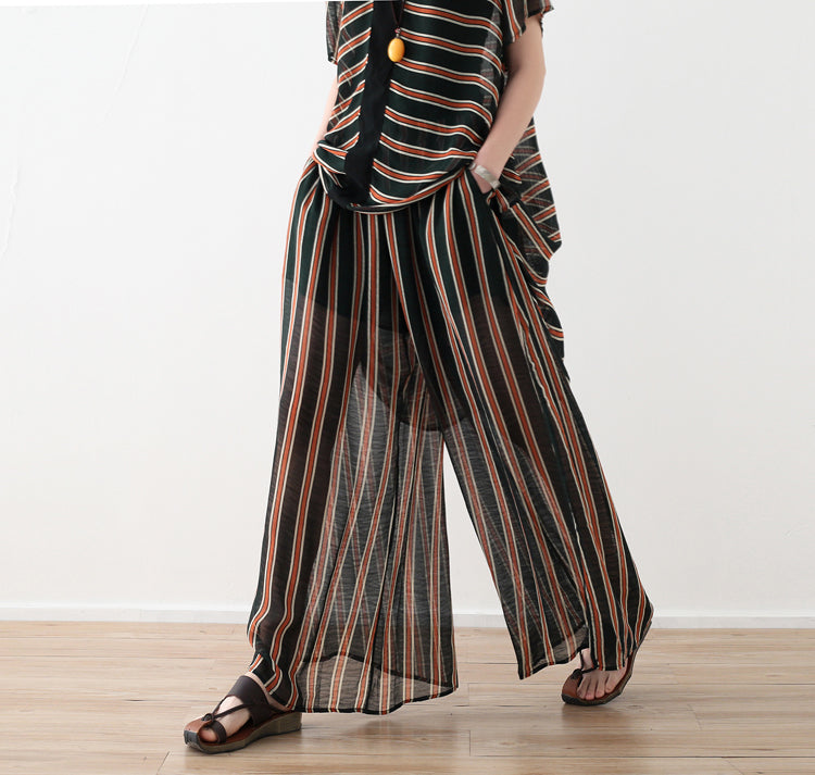 Loose yellow striped 2025 Ideas wide leg pants pockets long Summer pants