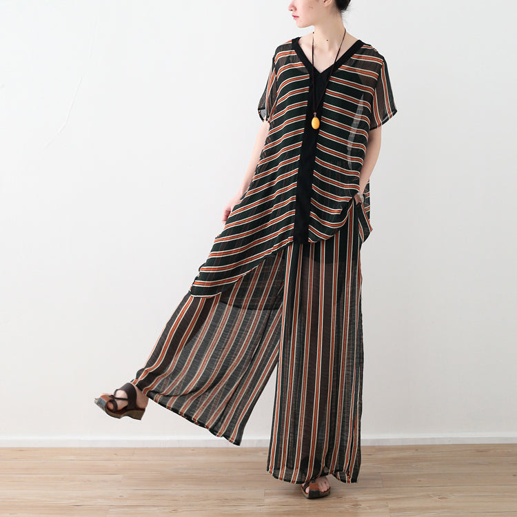 Loose yellow striped 2025 Ideas wide leg pants pockets long Summer pants