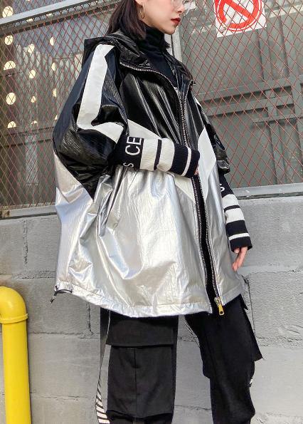 Loose zippered fine trench coat black patchwork silver silhouette jackets