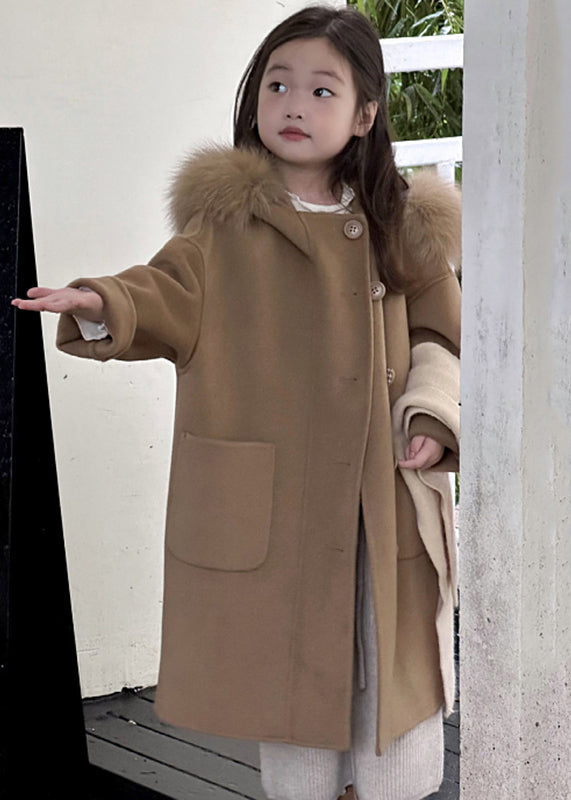 Lovely Beige Button Woolen Kids Hoodie Maxi Coat Fall