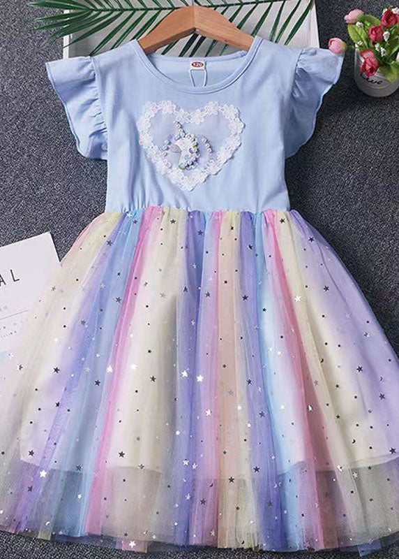 Lovely Blue Ruffled Nail Bead Patchwork Tulle Kids Girls Dresses Summer